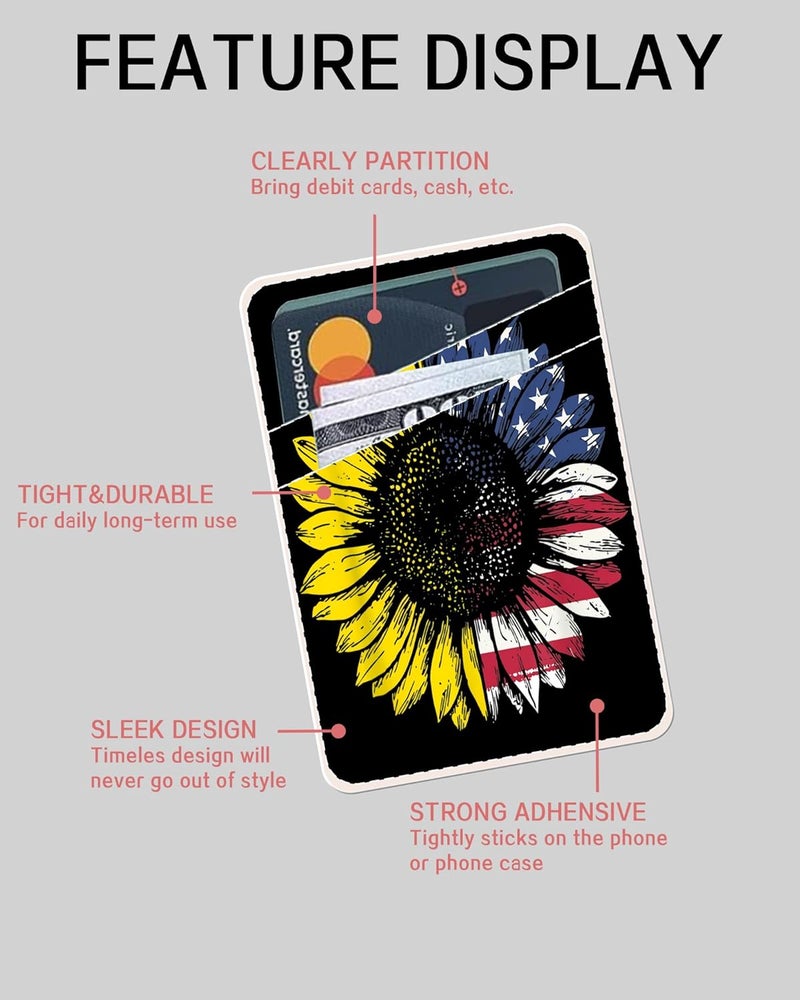 AOHRO Dual Pocket Leather Phone Wallet Adhesive Stick On, Cute Card Holder, Credit Card Holder for Case, Sunflower American Flag - Image 5